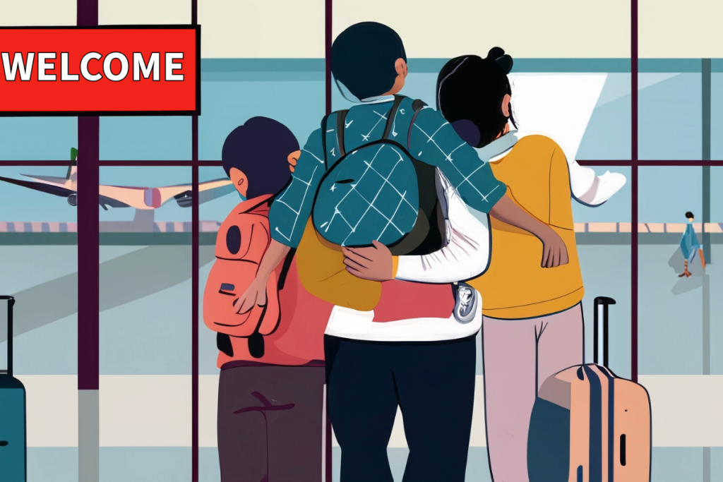 An illustration of a family at an airport